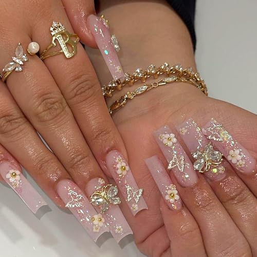 Viugex 24Pcs French Tip Press on Nails, Ballerina Long Coffin False Nails Pink Glossy Fake Nails with Silver Butterfly & Flowers, 3D Handmade Glue on Nail, Acrylic Full Cover Stick on Nail for Women