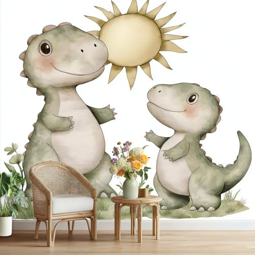 Dinosaurier Vliestapete Niedlich Dino Selbstklebende Tapete Kinderzimmer Fototapete Cartoon Jurassic Tier Tapete Schlafzimmer Wandtapete Wohnzimmer Küche Wasserfest Abwaschbar 350x256 cm