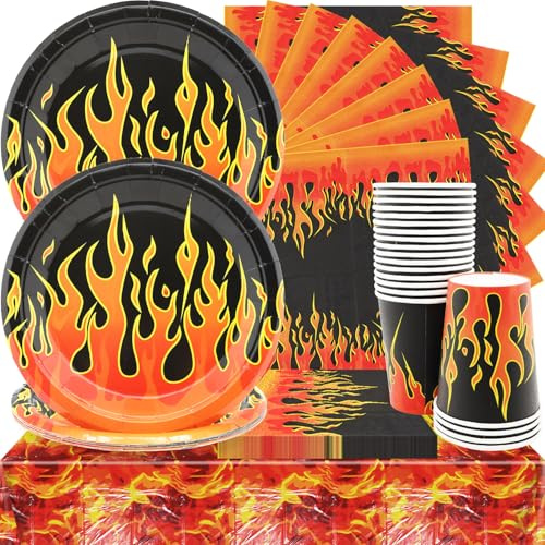 Huaxintoys Flammen Partygeschirr, Flamme Partei Dekoration Besteck, Funken Themen Geburtstags Party für Feuerthemen Kinder Junge Geburtstag Party Supplies (61 Stück)