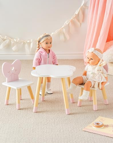 ROBOTIME Puppen-Esstisch mit 2 Stühlen aus Holz, Ballet Series, Rosa | Für 16–18 Zoll Puppen, mit Herz- und Schleifenlehnen, für Mahlzeiten, Lernen, Teepartys und fantasievolle Rollenspiele