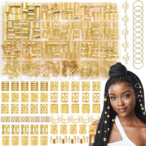 Zosutetoxo 280stück Gold Haarschmuck Robuste Haar Accessoires mit Haarringen und Armreifen, Vielseitiger Haarschmuck Gold für Braids und Dreadlocks bei Frauen und Männern