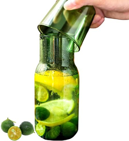500ml Clear Green Glass Bedside Water Carafe and Glass Set Decanter with Tumbler Spout for Office Bedside Table