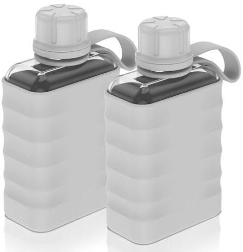 2 Pack Modern Small Flask, 240ml Pocket Drinking Alcohol Bottle, Flat Water Bottle Drinking Flask, Portable Slim Travel Liquor Flasks, Small Plastic Hip Flasks Outdoor, with Silicone Sleeve(Grey)