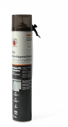 KAMAN PU-Montageschaum C-20 PRO 750 ml – Professioneller Bauschaum mit Kanüle, ca. 45 Liter Ausbeute, für Verfüllung, Abdichtung & Isolierung von Fugen, Fenstern, Türen und Rohrdurchführungen