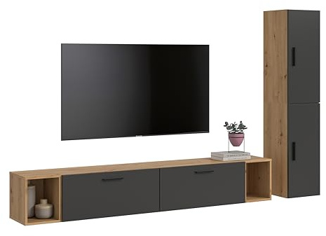 xonox.home – Wohnkombination The One 259x182x34 cm in Artisan Oak und Basalt – Moderne Schrankwand mit 2 Türen und 2 Klappen – 10 Fächer in edler Holzoptik & dunklen Akzenten für Ihr Wohnzimmer