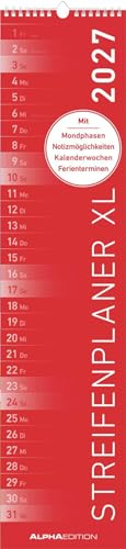 Streifenplaner XL ROT 2027: schmaler Wandplaner 15x64 cm mit farblich markierten Wochenenden, Feiertagen & Mondphasen, ideal für Haushalt, Familie & Büro