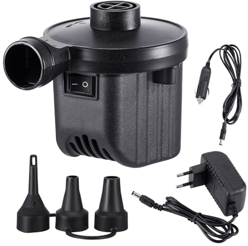 Portable Electric Air Pump, AC/DC Quick-Fill Inflator and Deflator with 3 Nozzles, Air Mattress Pump for Air Beds, Paddling Pools, Pool Floats, Inflatable Toys, Sofa and Camping