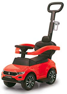 JAMARA 460461 Rutscher VW T-ROC 3in1 – Kippschutz, Kofferraum, Schub-und Haltestange mit Lenkfunktion, Rückenlehne, seitlichen Schutzbügel, ausziehbare Fußauflage, Sound/Hupe am Lenkrad, rot