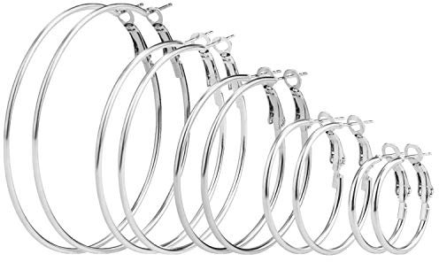 Elicola 5 Pairs Stainless Steel Hypoallergenic Shiny Large Hoop Earring Sets for Women Girl Silver