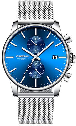 Affute Orologi da uomo moda sport al quarzo analogico nero maglia acciaio inossidabile impermeabile cronografo orologio da polso automatico data - Blu argento