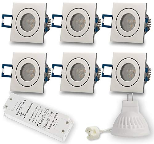 6x LED Einbaustrahler Chrom - eckig 3W warmweiß 12V MR11 - IP44 für Bad, Außenbereich Ø40mm Bohrloch - Badezimmer Terrasse Einbau-Spot Decken-Strahler Deckeneinbaustrahler Deckenspot