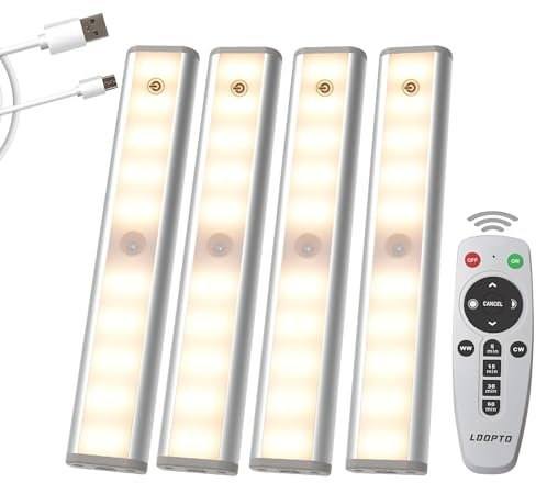 LDOPTO Under Cupboard Kitchen Lights with Remote, Dimmable Rechargeable Wireless LED Strip Battery Operated Lights Without Wiring Hinge Lighting for cupboards Wardrobe Kitchen, Hallway 4 Pack