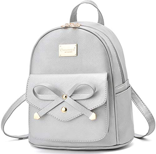 I IHAYNER Niedlicher Leder-Rucksack für Mädchen mit Schleife, Mini-Rucksack für Damen, silber, Small Size, Laptop