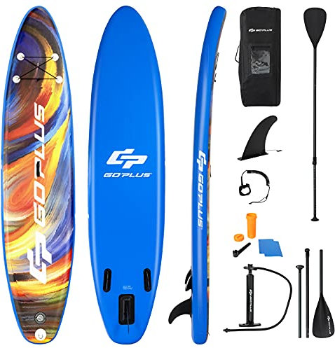 COSTWAY Stand Up Paddling Board, SUP Board aufblasbar, Paddelboard mit Sicherheitsleine, Paddel, Pumpe, Center Finne, Rucksack und Reparaturset (Blau + Orange, 320x76x15cm)