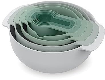 Joseph Joseph Nest 9 Plus 9-Pièces, set emboîtable avec Bol mélangeur grand et petit, passoire, tamis, 5 tasses à mesurer, Sauge