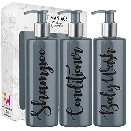 Print Maniacs 3 Set Mrs Hinch Inspired Grey Personalised 500ml Dispenser Pump Bottles Shampoo Conditioner Body Wash (Black)
