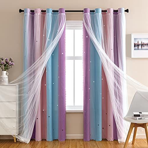 XiDi Regenbogen-Schlafzimmer-Vorhänge für Kinderzimmer, Verdunkelungsvorhänge für Einhorn-Wandaufkleber, lila Prinzessinnen-Vorhänge, 160 cm lang, 86 cm breit, 1 Paneel