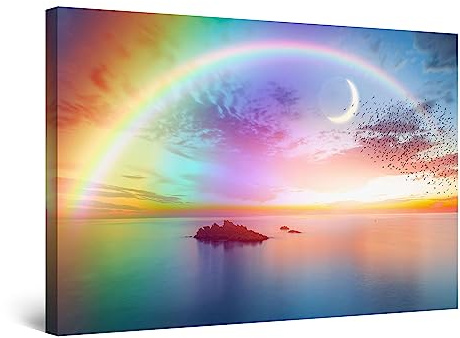 Startonight Bilder - Regenbogen und Mond - Leinwandbilder Moderne Kunst, Wanddeko Kunstdrucke, Wandbilder Schlafzimmer 60 x 90 cm, Tag Nacht Effekt, Elegante Geschenkidee Wand Deko