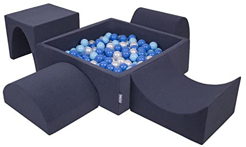 KiddyMoon Aire De Jeux en Mousse avec Carré Piscine À Balles (200 Balles) pour Enfants, Bleu Foncé:Babyblue/Bleu/Perle