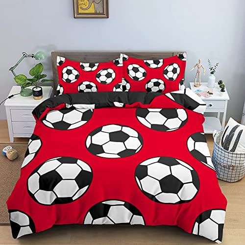 HAISHO Bettwäsche 155x220 roter Fußball 3 Teilig Bettbezug mit Reißverschluss, Weich Mikrofaser Bettwäsche-Sets für Kinder - 1 Bettbezüge und 2 Kissenbezug 80x80cm