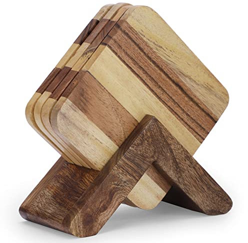 Ajuny Lot de 4 Dessous de Verre en Bois et Support Décoratif Carré Antidérapant pour Bar Cuisine Maison Bureau Tasses à Thé Tasses à Café Protection de Table 4x4 Pouces
