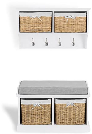 Tetbury White Bench and Hanging Shelf with Baskets | 77cm Hallway Coat Rack And Bench Seat Set | Assembled Shoe Storage | Entryway Wall Mounted Storage Furniture