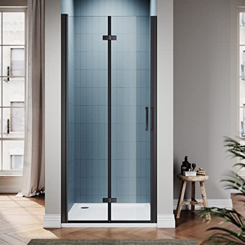 SIRHONA Porta doccia nera scorrevole 76 x 195 cm Porta doccia girevole in vetro trasparente 6 mm Securit