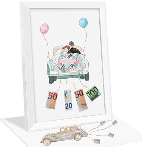Ulikey Hochzeitsgeschenke für Brautpaar, Personalisiertes Geldgeschenk Bilderrahmen, Holzrahmen mit 2 Just Married Kreative A4-Poster, Verpackung für Geldgeschenke Hochzeit, Weiß