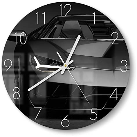 DEQORI Glasuhr | rund Ø 30 cm | Motiv Vorderansicht Sportwagen | ausgefallene leise Design Uhr aus Glas | Wanduhr für Wohnzimmer & Küche | moderne Hingucker Uhr für die Wand