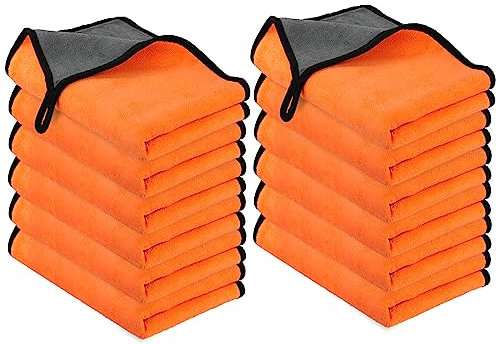 URAQT Mikrofasertücher Auto,12 PCS 400GSM Mikrofasertücher Multifunktionales Motorrad Fusselfreie Handtuch,Reinigungstuch Microfasertuch für Auto Haushalt Küche Fenster Orange Grau- 60x40CM
