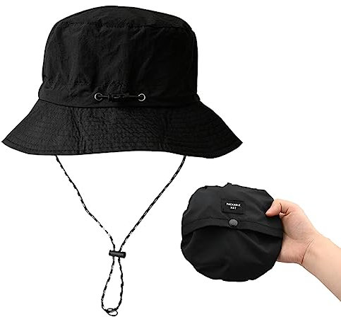 Eimer Hut Festival-Sonnenhut Fischerhut Schnell trocknender Safari-Hut Sun UV-Schutz Mesh Boonie Hat mit verstellbarem Kinnriemen Wasserdicht und atmungsaktiv für Urlaub Angeln Wandern (Schwarz)