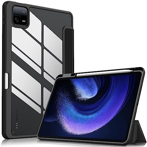 Fintie Hybrid Hülle für Xiaomi Pad 6 / Xiaomi Pad 6 Pro 11 Zoll 2023, Stoßfeste Abdeckung Schutzhülle mit Transparent Hartschalen Rückseite und Smart Pen Halter, Schwarz