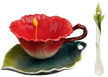 HASMI Mug Tasse de Couleur émail Peinte à la Main Pastorale créative Tasse en céramique Tasse à café en Forme de Fleur avec Tasse Plat et cuillère Tasses à Thé