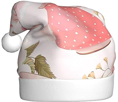 Santa Hat Tea Cups With Roses Romantic Shabby Print Plush Christmas Hat Unisex Xmas Holiday Hat For Christmas New Year Festive Holiday Party