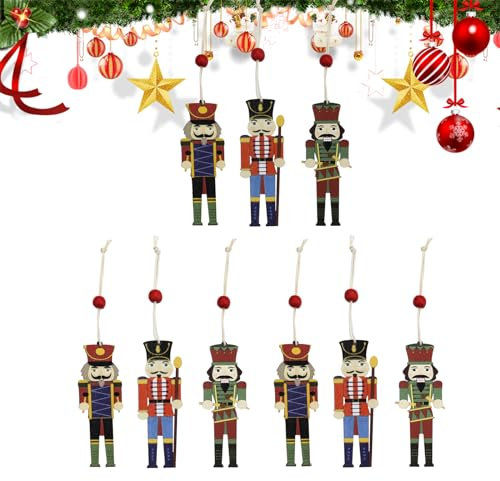 Feelorna 9 Stück Holz Nussknacker Weihnachten Anhänger, Weihnachtsanhänger Nussknacker Soldat Handarbeit Hängeornamente, Christbaumanhänger für Weihnachten Party Dekoration (Satz A)