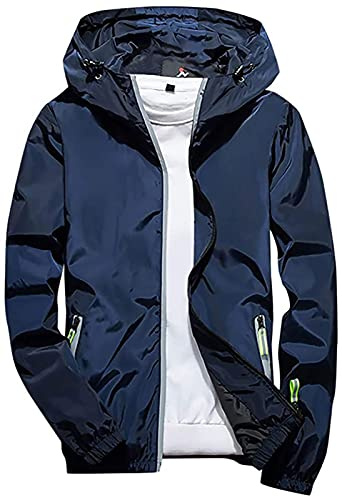 HIFI7 Chaqueta para lluvia para hombre Chaqueta de ocio al aire libre con capucha impermeable Chubasquero Hombre Cortaviento Ligero con Cremallera (FR/ES, Letras, XL, Regular, Regular, Azul tibetano)