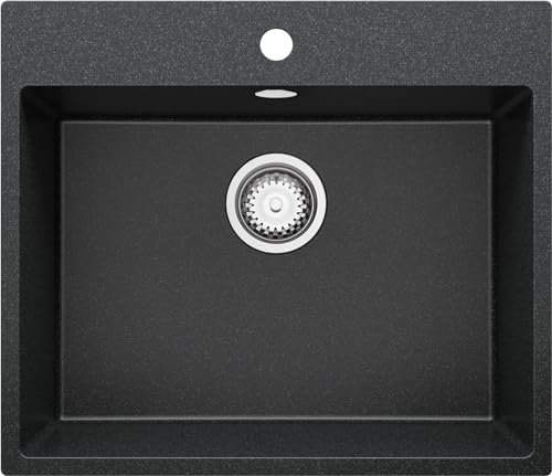 PRIMAGRAN Spülbecken Anthrazit 58x50cm, Granitspüle 1 Becken + Ablauf-Set, Küchenspüle ab 60er Unterschrank - Riga S174