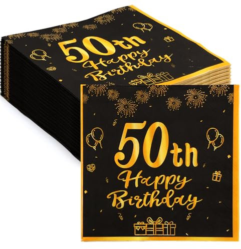 ZYNERY 60Stk 18/30/40/50/60/70 Geburtstags Deko Servietten, Schwarze Gold Happy Birthday Servietten 34cm x 34cm, Geburtstag Männer Frauen Geburtstags Party Deko (Schwarze Gold-50)