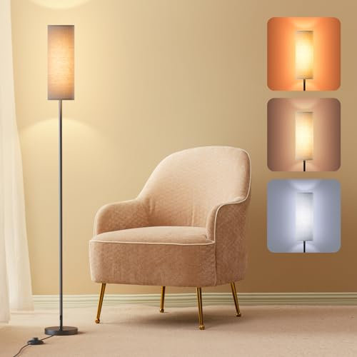 Lithomy 9W LED Stehlampe, Stehlampe Wohnzimmer Dimmbar, Stehleuchte mit 3 Farbtemperaturen, E27 Leselampe Standleuchte mit Leinen Lampenschirm & Fußschalter, Stehlampe Vintage für Schlafzimmer, Grau