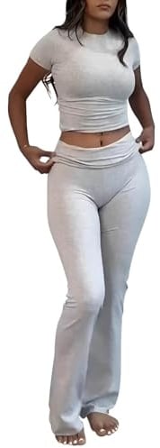 AYWA Women's 2 Piece Lounge Sets Short Sleeve Crop Top Foldover Flare Pants Casual Pajama Outfits (Light Heather Grey, Small)