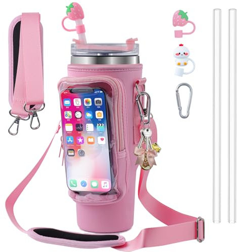Sunzit Water Bottle Carrier for Stanley Cup Holder with Strap fit Stanley Cup 40 Oz Tumbler,Stanley Cup Accessories,Water Bottle Bag with Adjustable for Walking Hiking Camping(Pink)