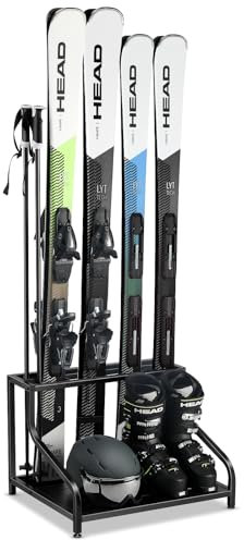 FHXZH Ski-Aufbewahrungsregal für die Garage – freistehende Skihalter für 4 Paar Ski, Skischuh, Skistöcke, Brillen, Helm und mehr, robuster Stahlbodenständer, Ski-Organizer für Garage, Keller