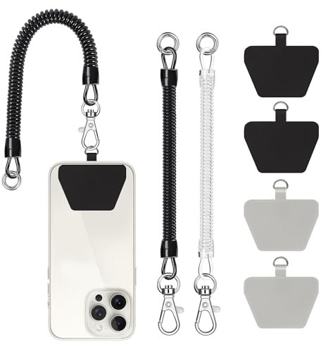 COCASES 2er Handyband mit flexiblem Spiralkabel, universale Lanyard Schlüsselband Schlüsselanhänger kompatibel mit iPhone/Samsung/Huawei(2 Einlagen, Durchsichtig/Schwarz)