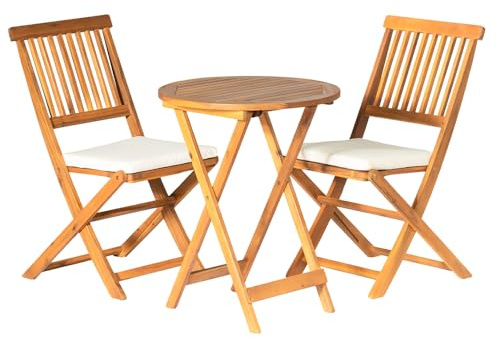 Panana 3 Piece Foldable Wooden Garden Furniture Set, Solid Acacia Wood Folding Table with Chairs, Bistro Set with Cushions for Outdoor Patio