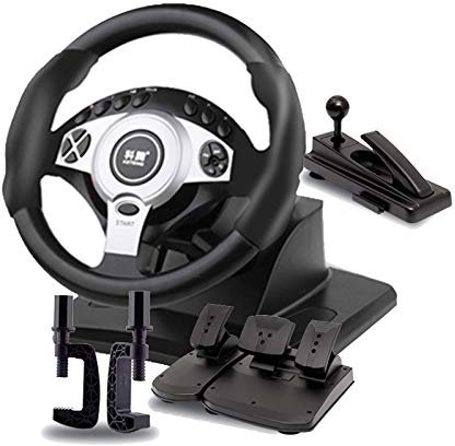 RajoNN Rennsimulator mit Pedalen und Handbremse, 900° drehbares Simulations-LKW-Lenkrad, geeignet für PC/Laptop, Schwarz