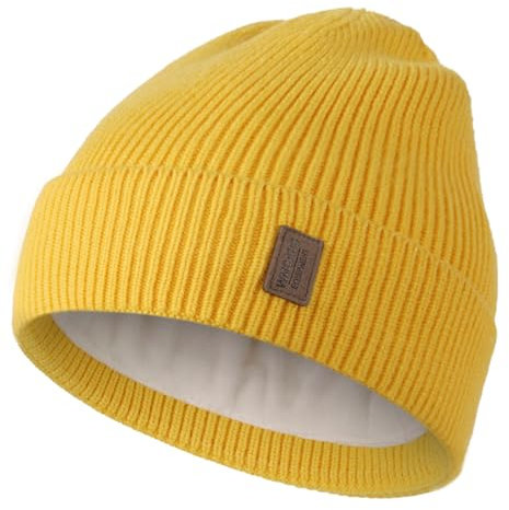 Wmcaps Beanie Mütze, Herren Winter Warme Unisex Wintermütze Strickmütze Dehnbare Weiche Wollmütze mit Bündchen und Dickem Warmem Futter Geschenke für Freundin männer Frauen, Ingwergelb