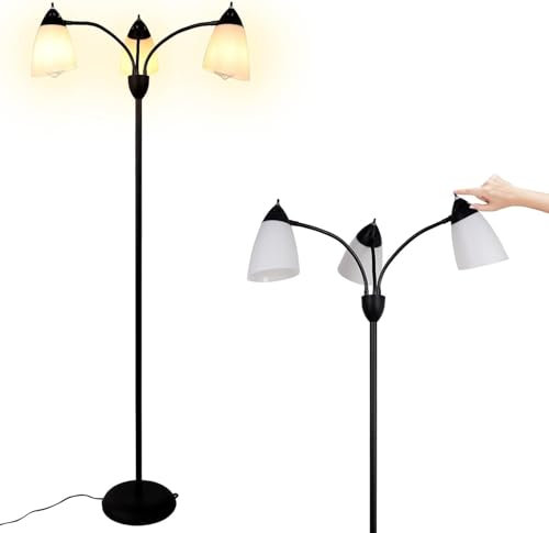 FIRVRE E27 Stehlampe Wohnzimmer, 3-Flammige Stehleuchte Schwarz mit Leselampe, Stehlampen Schmal Industrial Style mit Verstellbarem Lesearm für Wohnzimmer Schlafzimmer und Büro
