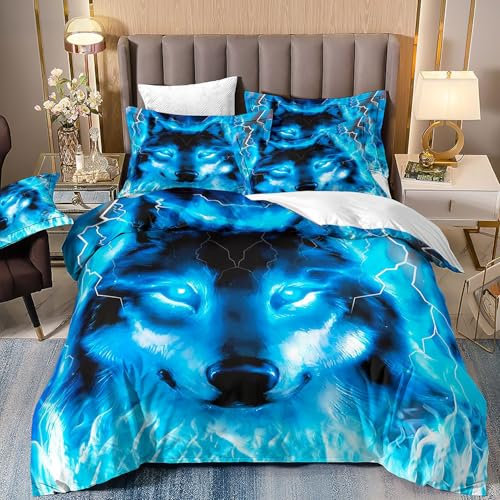 Generisch Wolf Bettbezug Set 2 Personen Bettwäsche Set Bunte Wölfe Bedding Adulte Bett Set für Jungen Mädchen Dekorative Weiche 100% Mikrofaser Bettwäsche Set 135x200cm + 2 Kissenbezüge 80x80cm