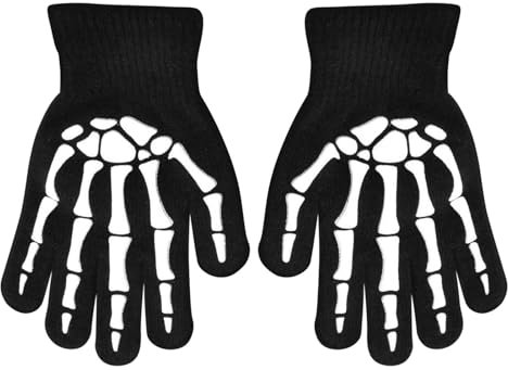Walopola 2 Paar Halloween Skelett Handschuhe, Horror Handschuhe Schwarz Leuchtende Skelett Handschuhe, Leuchtet Handschuhe Skelett, Strickhandschuh mit Skelett für Kinder leuchten im dunkeln