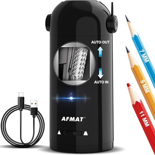 AFMAT Fully Automatic Electric Pencil Sharpener for Colored Pencils 7-11.5mm, Auto in & Out, Rechargeable Hands-Free Pencil Sharpener with Container for School, Home, Classroom,Battery Operated,Black